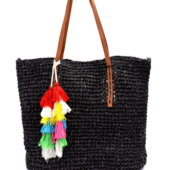 black straw tote bag
